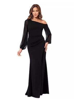 Betsy Adam Black Formal Gown 16W Plus Size Long Sleeve Ruched Evening Dress NWT